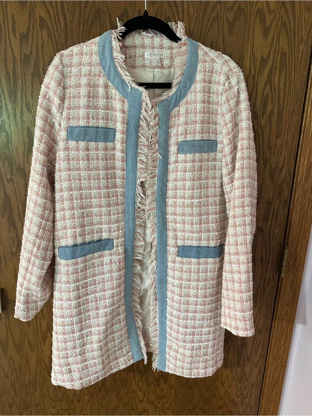 VENUS Pink Tweed Fringe Open-Front Jacket with Light Blue Trim